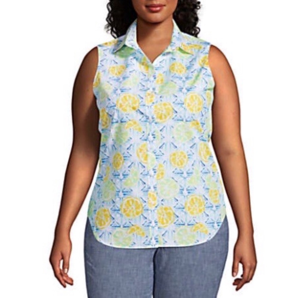 Lands End Classic Cobalt Citrus Geo No Iron Top